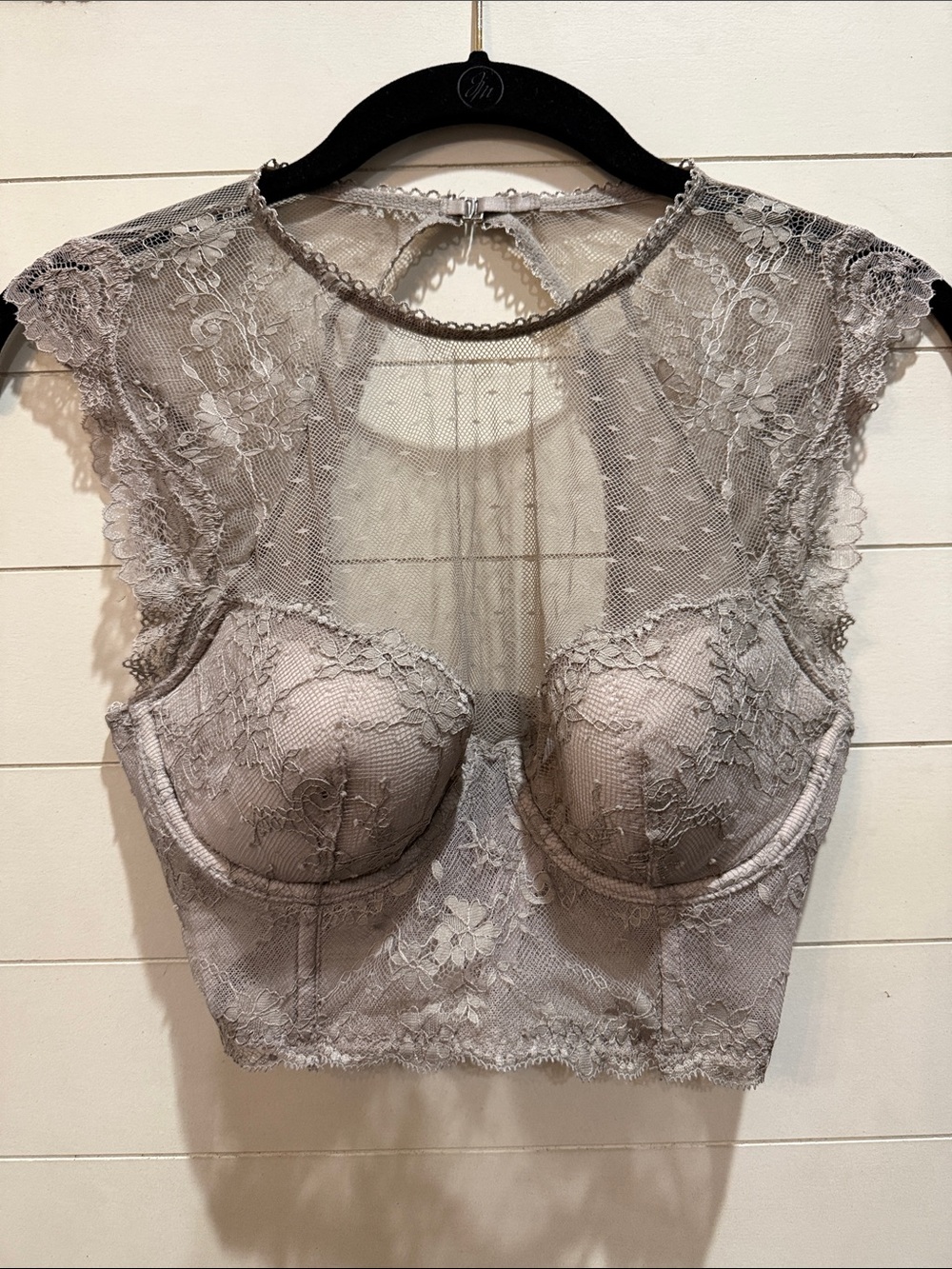 Lace Overlay Longline Bralette - taupe / gray